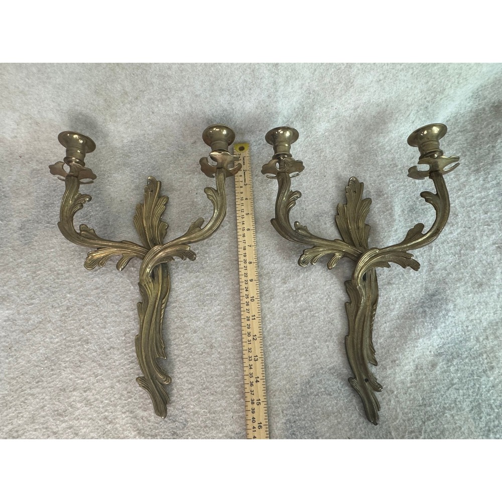 Vintage Brass Candelabra Wall Sconces Set of 2 Ornate Leaf Design Candle Holders